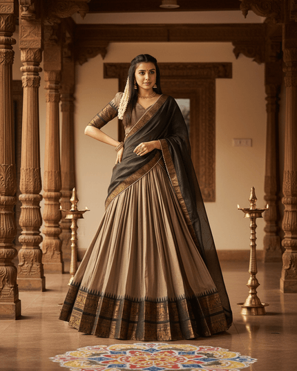 South Indian Festive Lehenga Set with Zari Woven Border, Gota Patti Dupatta and Unstitched Blouse - Rosepetals Luxe