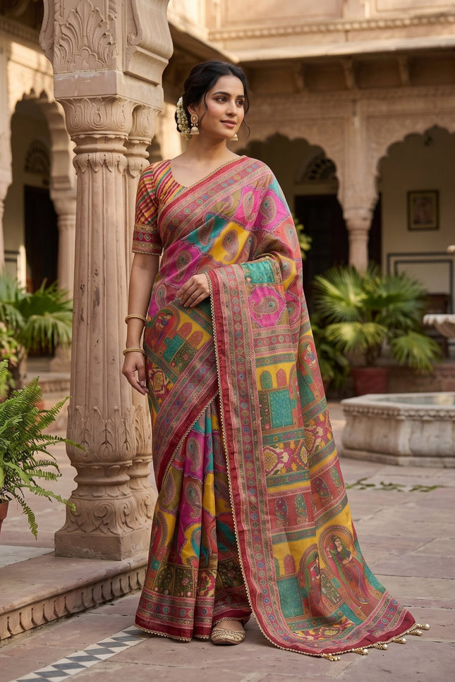 Space Silk Laheriya Saree with Bhungali Work - Rosepetals Luxe