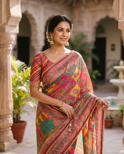 Space Silk Laheriya Saree with Bhungali Work - Rosepetals Luxe