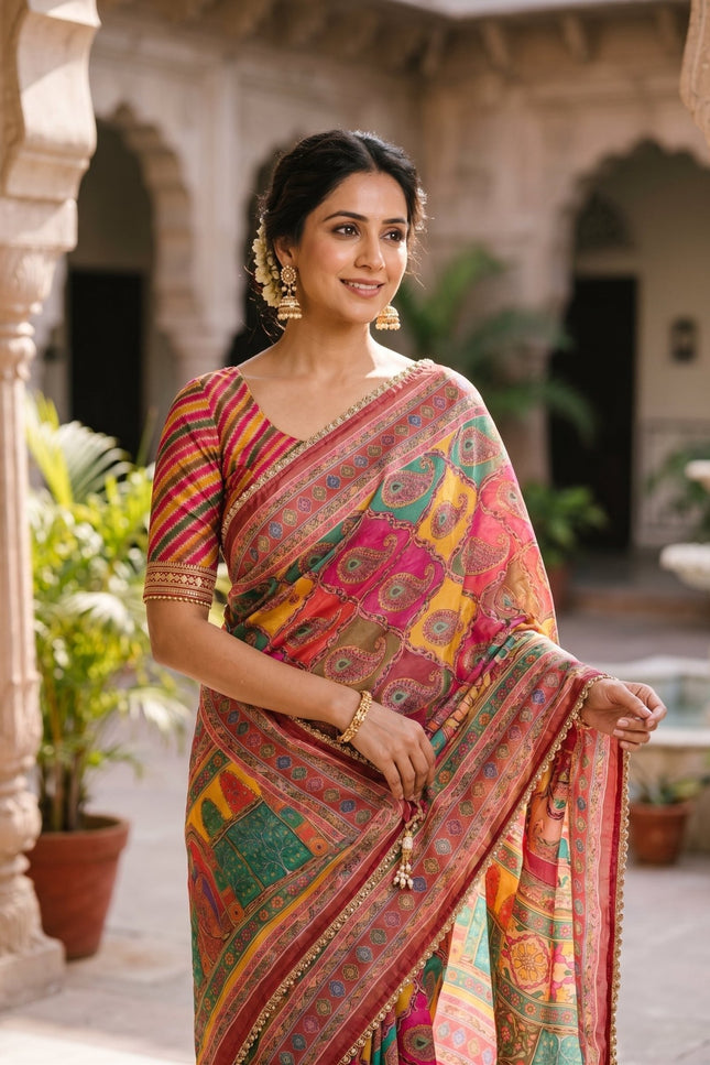 Space Silk Laheriya Saree with Bhungali Work - Rosepetals Luxe