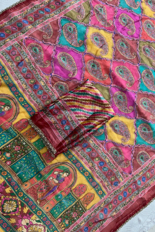 Space Silk Laheriya Saree with Bhungali Work - Rosepetals Luxe