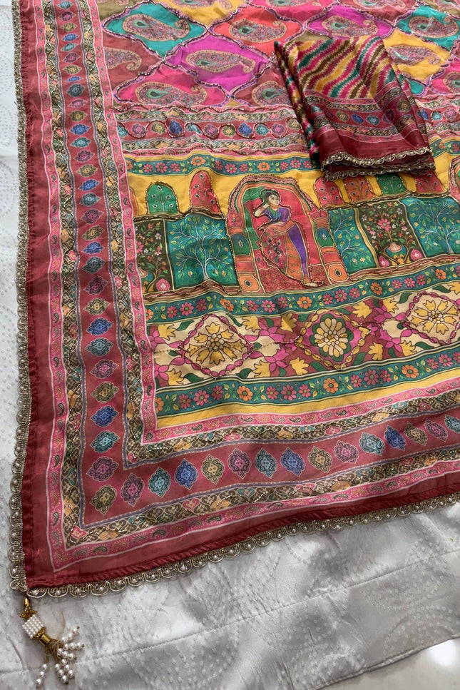 Space Silk Laheriya Saree with Bhungali Work - Rosepetals Luxe