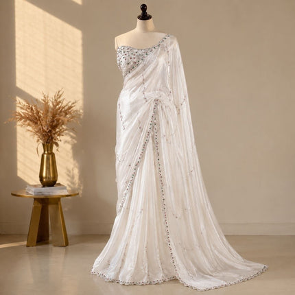 Space Silk Saree | Jarkhan & Stone Work with Matching Space Silk Blouse - Rosepetals Luxe