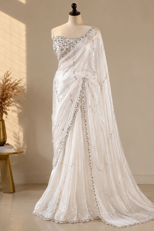 Space Silk Saree | Jarkhan & Stone Work with Matching Space Silk Blouse - Rosepetals Luxe