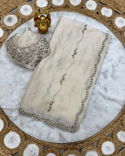 Space Silk Saree | Jarkhan & Stone Work with Matching Space Silk Blouse - Rosepetals Luxe