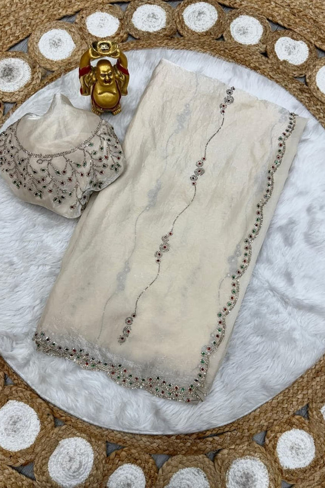 Space Silk Saree | Jarkhan & Stone Work with Matching Space Silk Blouse - Rosepetals Luxe
