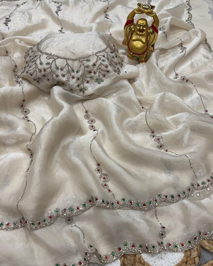 Space Silk Saree | Jarkhan & Stone Work with Matching Space Silk Blouse - Rosepetals Luxe