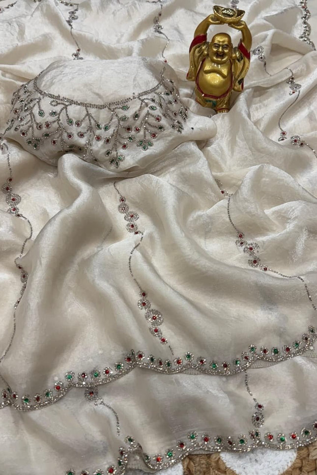 Space Silk Saree | Jarkhan & Stone Work with Matching Space Silk Blouse - Rosepetals Luxe