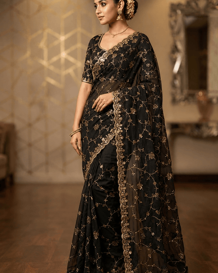Space Silk Saree with Beads & Cut Dana Work - Rosepetals Luxe