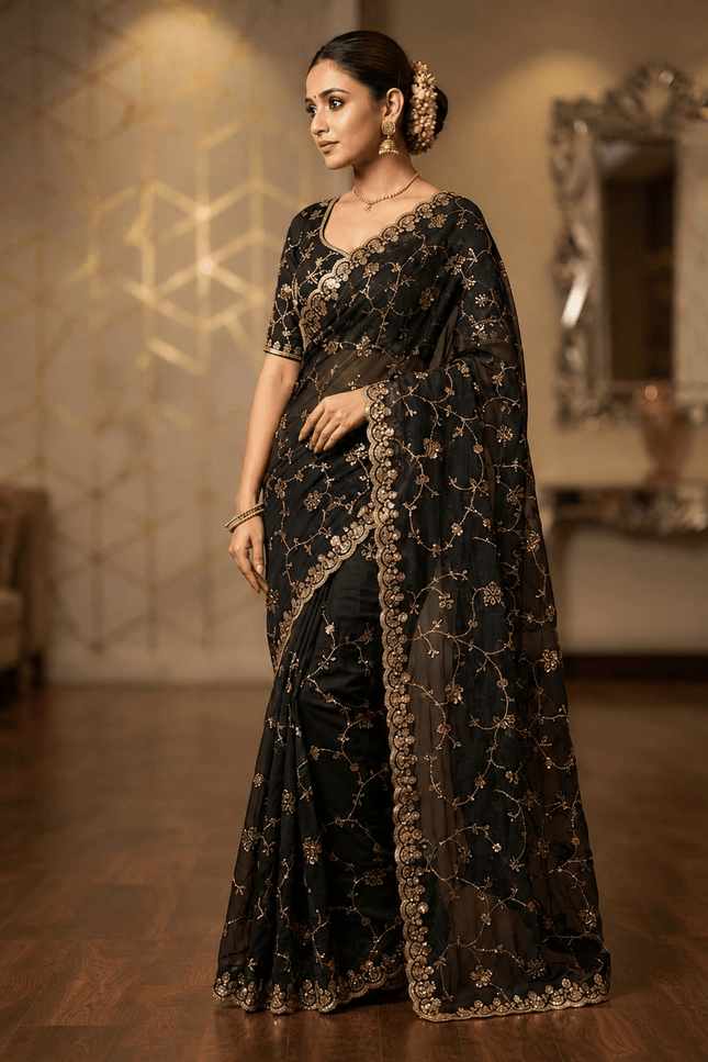 Space Silk Saree with Beads & Cut Dana Work - Rosepetals Luxe