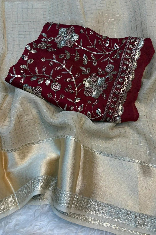 Special Pure Viscose Georgette Saree | Off White with Maroon Designer Blouse - Rosepetals Luxe