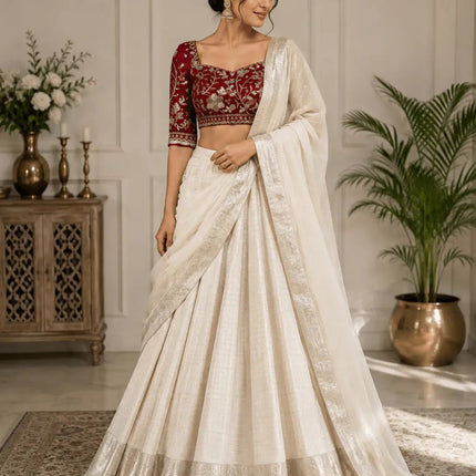 Special Pure Viscose Georgette Saree | Off White with Maroon Designer Blouse - Rosepetals Luxe