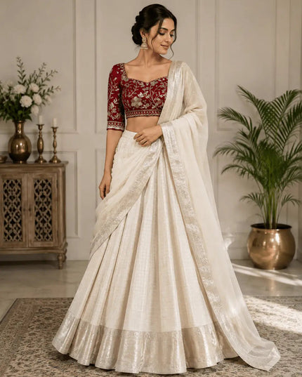 Special Pure Viscose Georgette Saree | Off White with Maroon Designer Blouse - Rosepetals Luxe