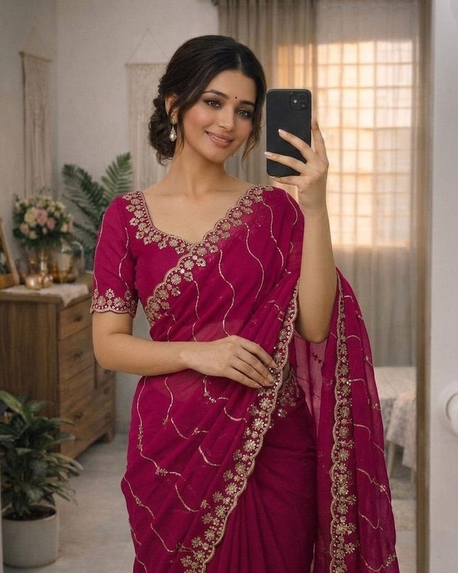 Star Georgette Embroidered Sequins Saree with Heavy Embroidered Blouse Piece - Rosepetals Luxe