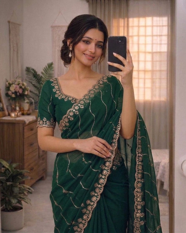 Star Georgette Embroidered Sequins Saree with Heavy Embroidered Blouse Piece - Rosepetals Luxe