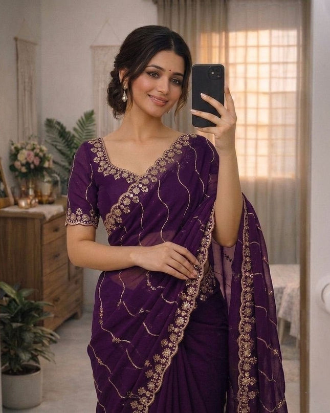Star Georgette Embroidered Sequins Saree with Heavy Embroidered Blouse Piece - Rosepetals Luxe