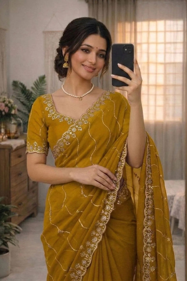 Star Georgette Embroidered Sequins Saree with Heavy Embroidered Blouse Piece - Rosepetals Luxe