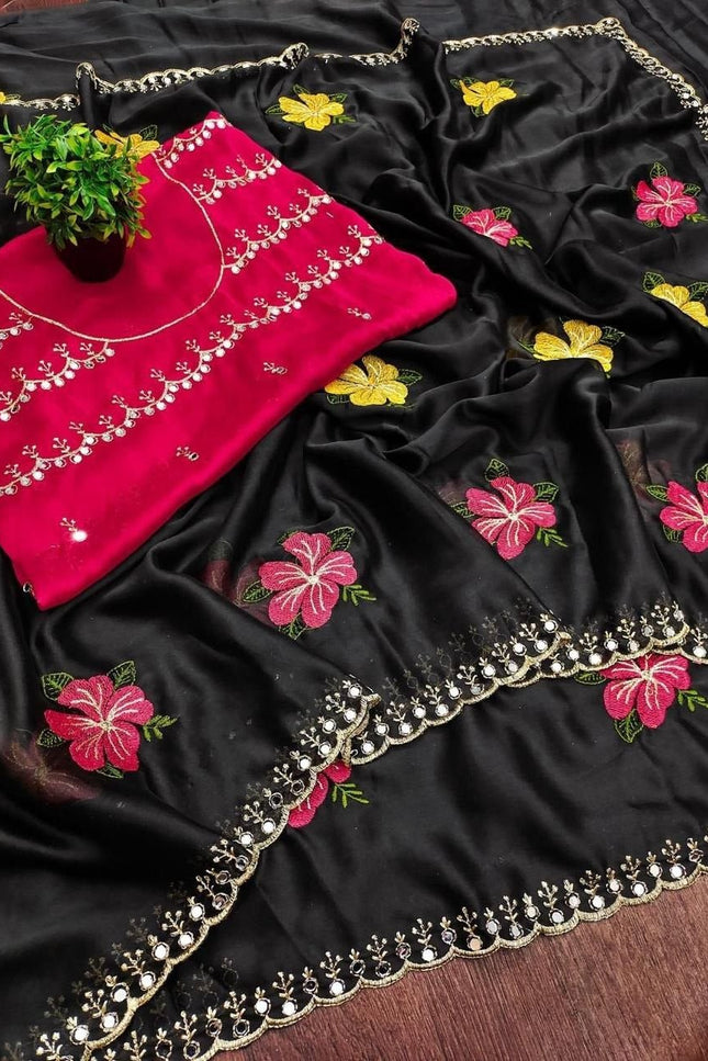 Star Georgette Saree with Real Mirror Work & Embroidery | Festive & Bridal Wear - Rosepetals Luxe