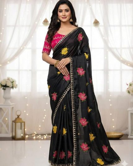 Star Georgette Saree with Real Mirror Work & Embroidery | Festive & Bridal Wear - Rosepetals Luxe