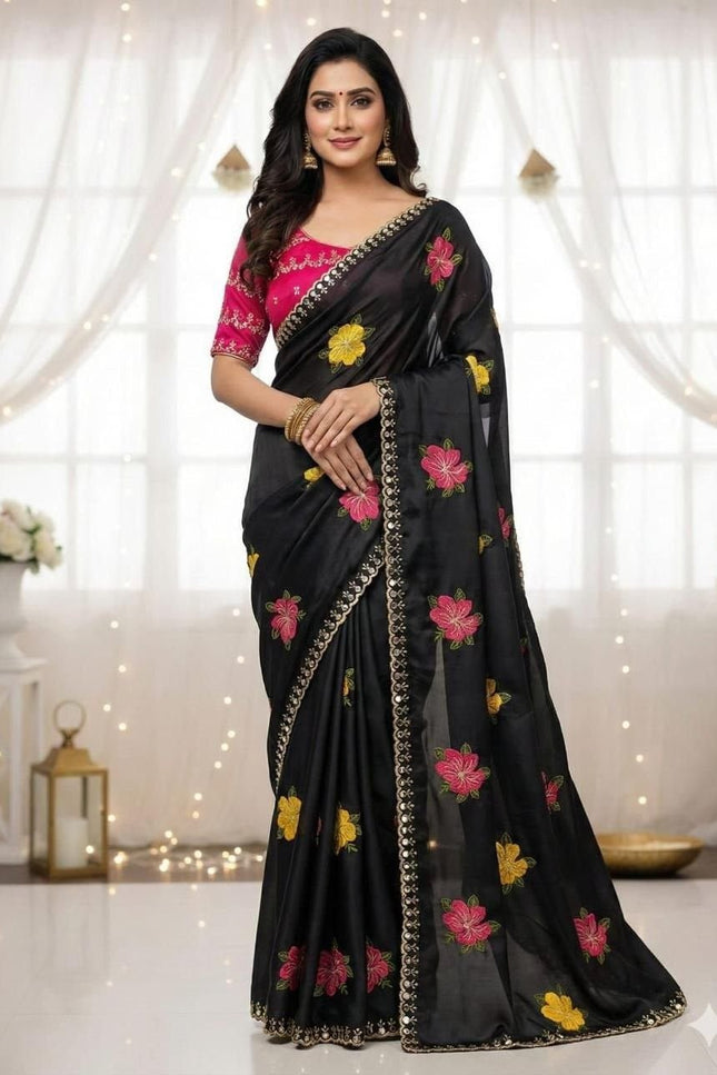 Star Georgette Saree with Real Mirror Work & Embroidery | Festive & Bridal Wear - Rosepetals Luxe