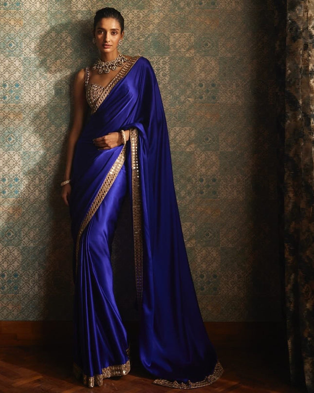 Stunning Japan Satin Saree with Real Mirror Work Embroidery | Perfect for Party, Festivals & Weddings - Rosepetals Luxe