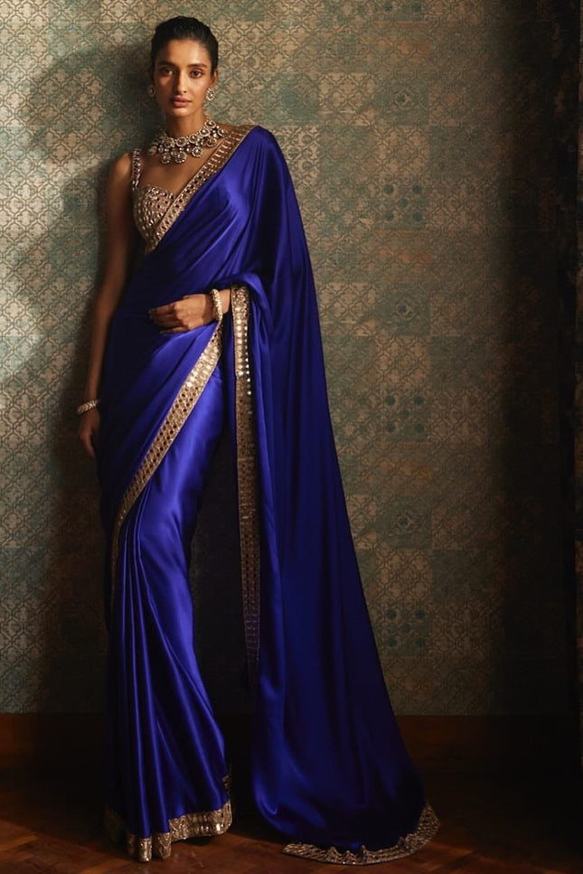 Stunning Japan Satin Saree with Real Mirror Work Embroidery | Perfect for Party, Festivals & Weddings - Rosepetals Luxe