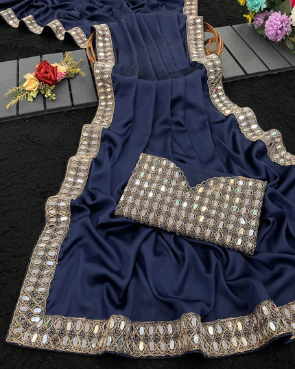 Stunning Japan Satin Saree with Real Mirror Work Embroidery | Perfect for Party, Festivals & Weddings - Rosepetals Luxe