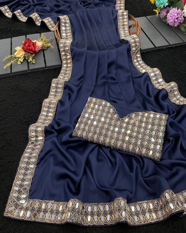 Stunning Japan Satin Saree with Real Mirror Work Embroidery | Perfect for Party, Festivals & Weddings - Rosepetals Luxe