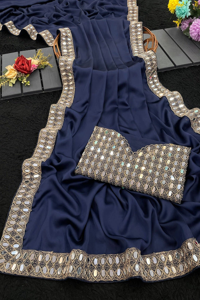 Stunning Japan Satin Saree with Real Mirror Work Embroidery | Perfect for Party, Festivals & Weddings - Rosepetals Luxe