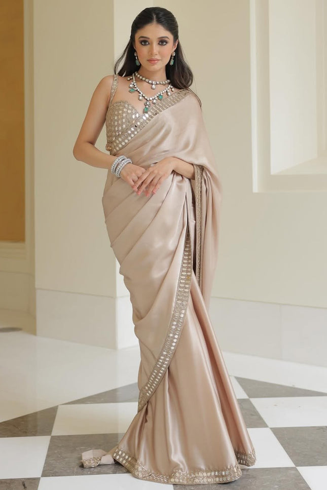 Stunning Japan Satin Saree with Real Mirror Work Embroidery | Perfect for Party, Festivals & Weddings - Rosepetals Luxe