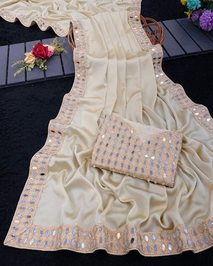 Stunning Japan Satin Saree with Real Mirror Work Embroidery | Perfect for Party, Festivals & Weddings - Rosepetals Luxe