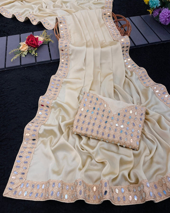 Stunning Japan Satin Saree with Real Mirror Work Embroidery | Perfect for Party, Festivals & Weddings - Rosepetals Luxe