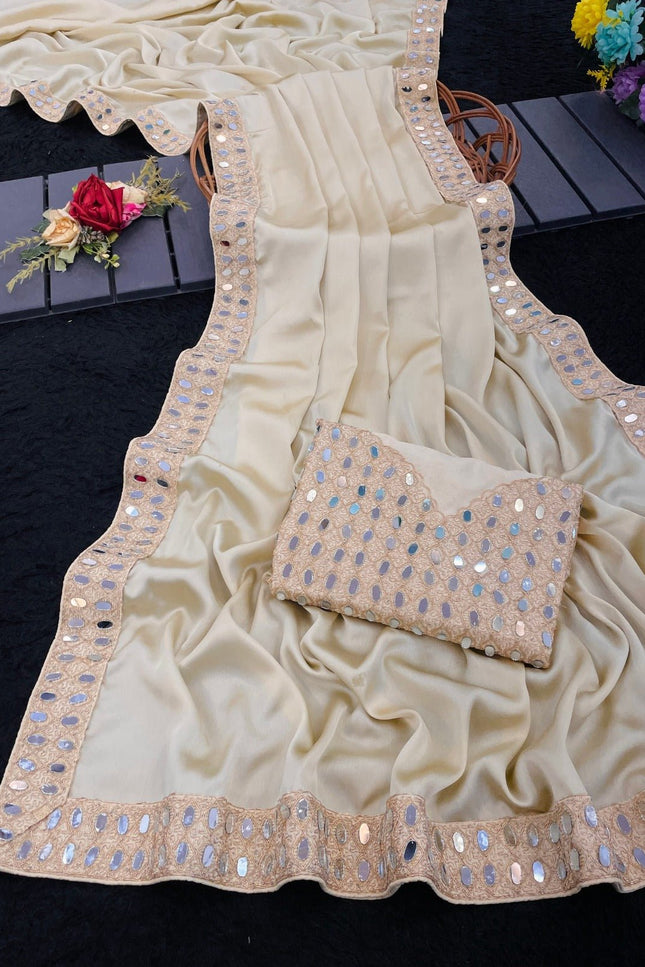 Stunning Japan Satin Saree with Real Mirror Work Embroidery | Perfect for Party, Festivals & Weddings - Rosepetals Luxe