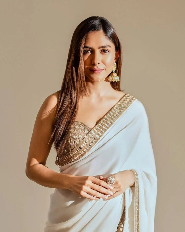Stunning White Rangoli Silk Saree with Real Mirror Work Embroidery - Rosepetals Luxe