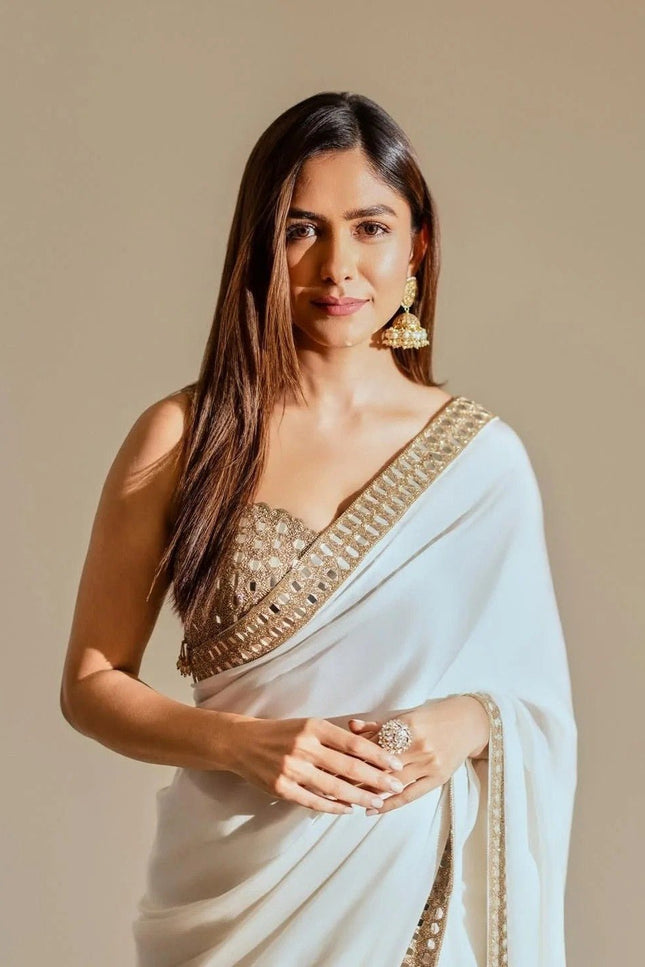 Stunning White Rangoli Silk Saree with Real Mirror Work Embroidery - Rosepetals Luxe