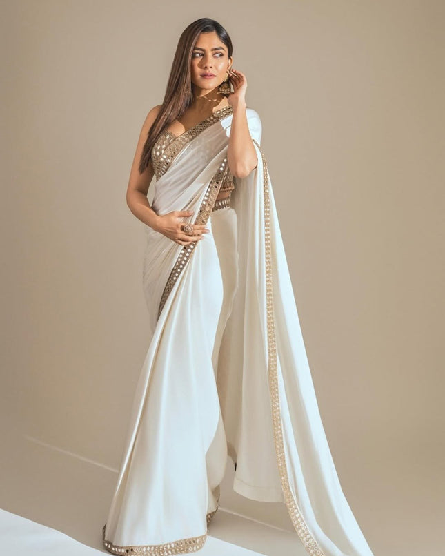 Stunning White Rangoli Silk Saree with Real Mirror Work Embroidery - Rosepetals Luxe
