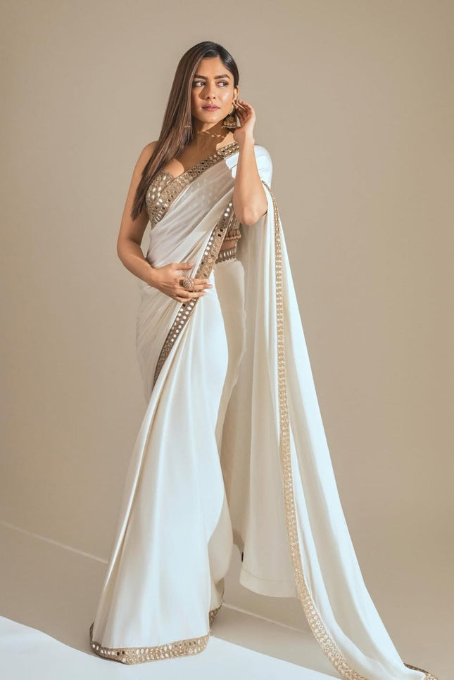 Stunning White Rangoli Silk Saree with Real Mirror Work Embroidery - Rosepetals Luxe