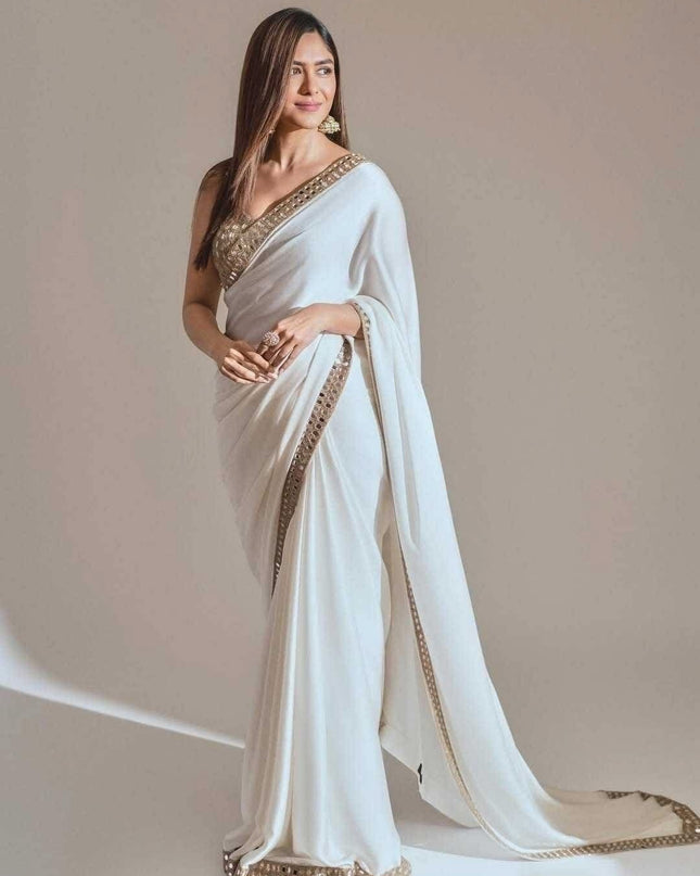 Stunning White Rangoli Silk Saree with Real Mirror Work Embroidery - Rosepetals Luxe