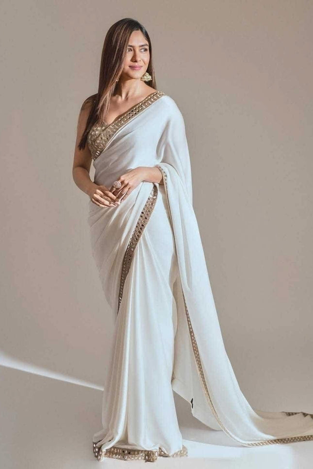 Stunning White Rangoli Silk Saree with Real Mirror Work Embroidery - Rosepetals Luxe