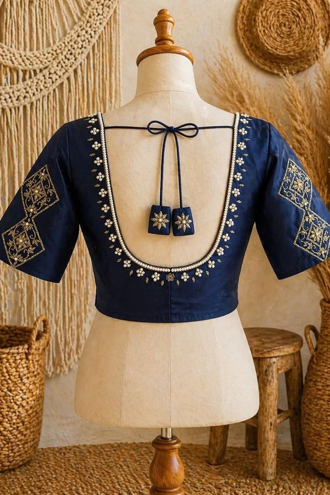 Sufi Silk Hand Zardosi Blouse with Pearl & Kardana Work – Festive Readymade Blouse - Rosepetals Luxe