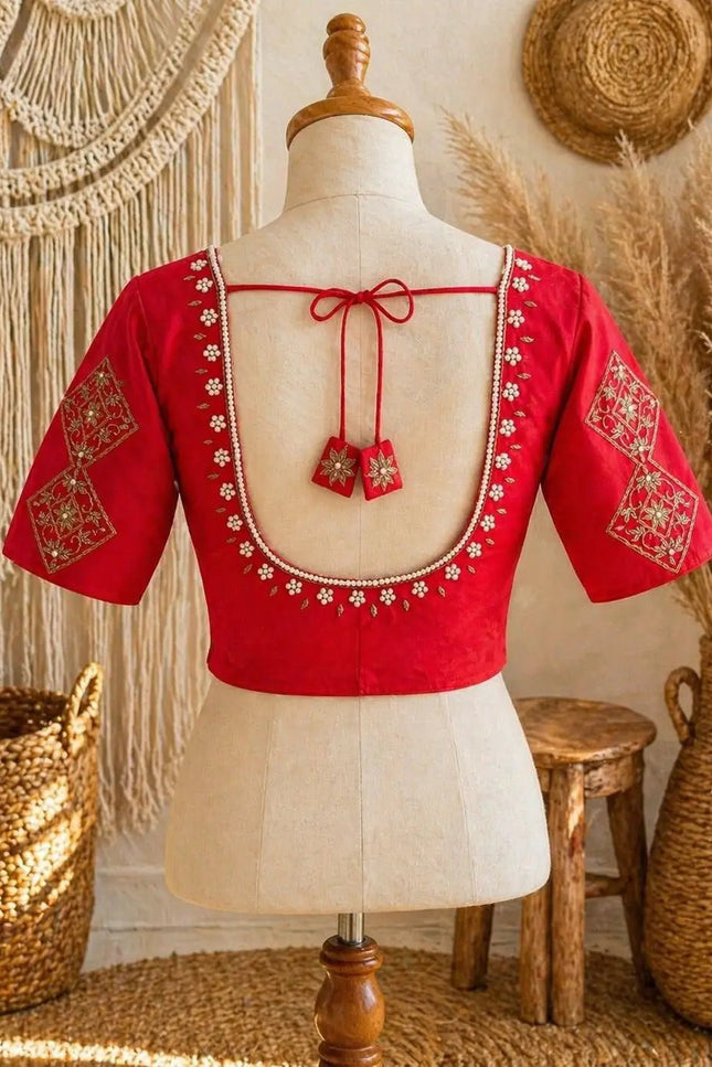 Sufi Silk Hand Zardosi Blouse with Pearl & Kardana Work – Festive Readymade Blouse - Rosepetals Luxe