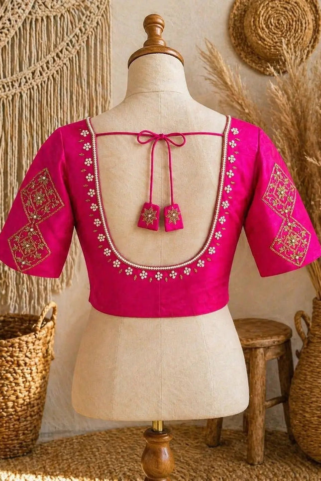 Sufi Silk Hand Zardosi Blouse with Pearl & Kardana Work – Festive Readymade Blouse - Rosepetals Luxe