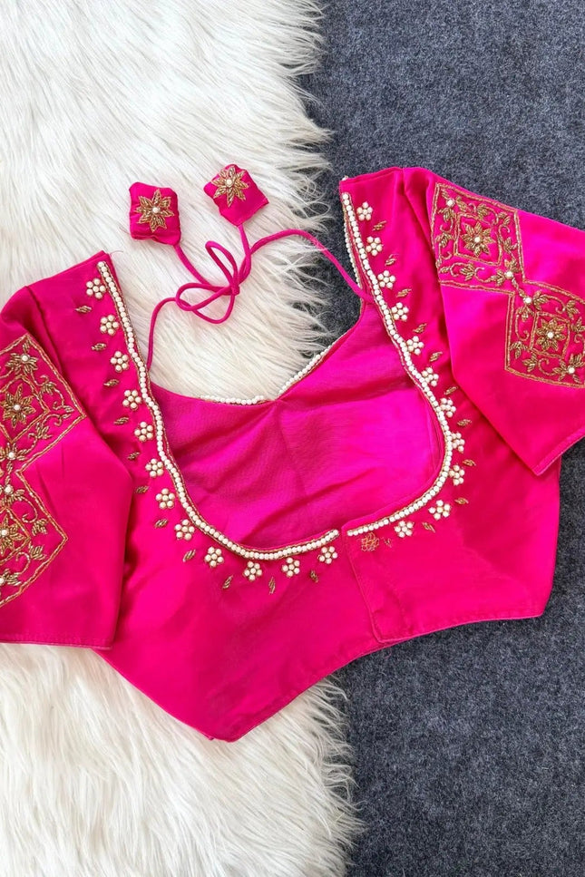 Sufi Silk Hand Zardosi Blouse with Pearl & Kardana Work – Festive Readymade Blouse - Rosepetals Luxe