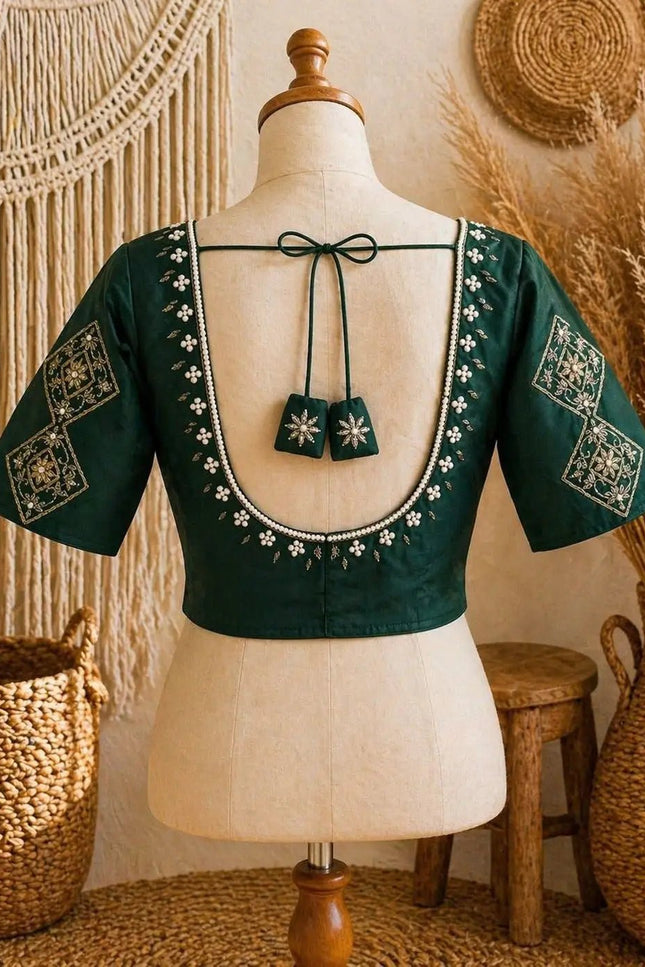 Sufi Silk Hand Zardosi Blouse with Pearl & Kardana Work – Festive Readymade Blouse - Rosepetals Luxe