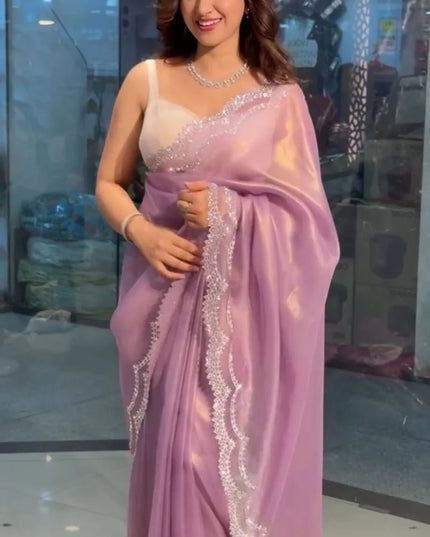 Super Hit Diamond Panel Tissue Net Saree with Diamond Cut Work Blouse - Rosepetals Luxe
