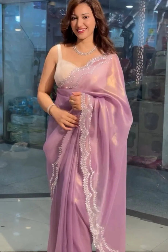 Super Hit Diamond Panel Tissue Net Saree with Diamond Cut Work Blouse - Rosepetals Luxe