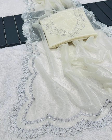 Super Hit Diamond Panel Tissue Net Saree with Diamond Cut Work Blouse - Rosepetals Luxe