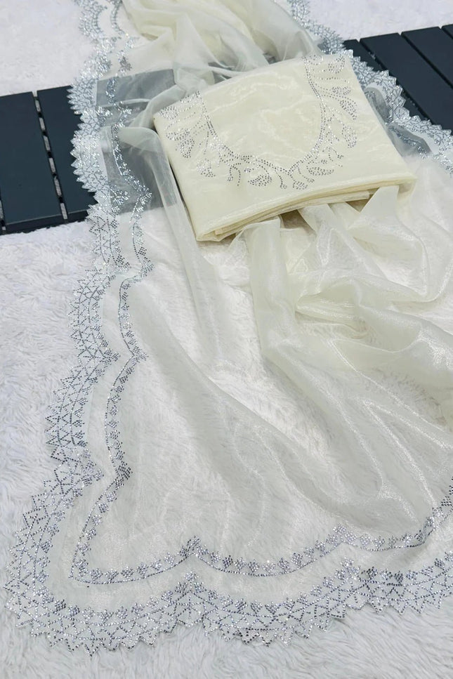 Super Hit Diamond Panel Tissue Net Saree with Diamond Cut Work Blouse - Rosepetals Luxe