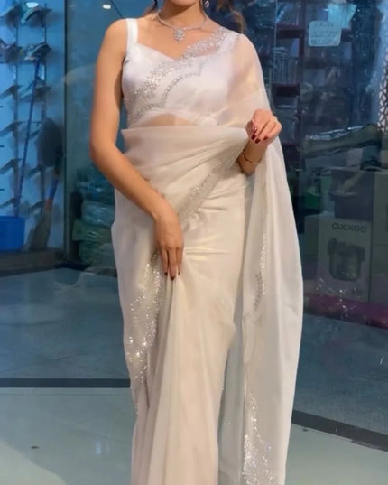Super Hit Diamond Panel Tissue Net Saree with Diamond Cut Work Blouse - Rosepetals Luxe