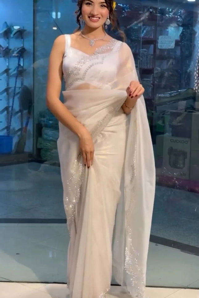 Super Hit Diamond Panel Tissue Net Saree with Diamond Cut Work Blouse - Rosepetals Luxe